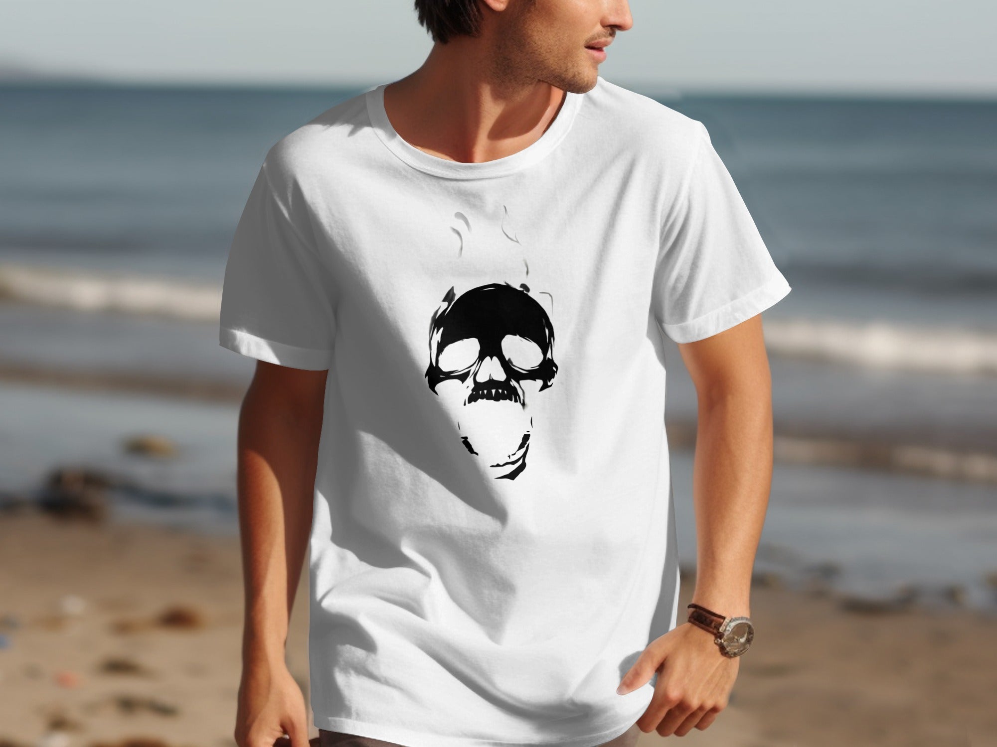 White t-shirt with a black skull graphic and smoke detail.