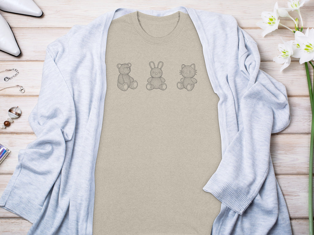 T-shirt with wireframe teddy bear, bunny, and cat graphic.