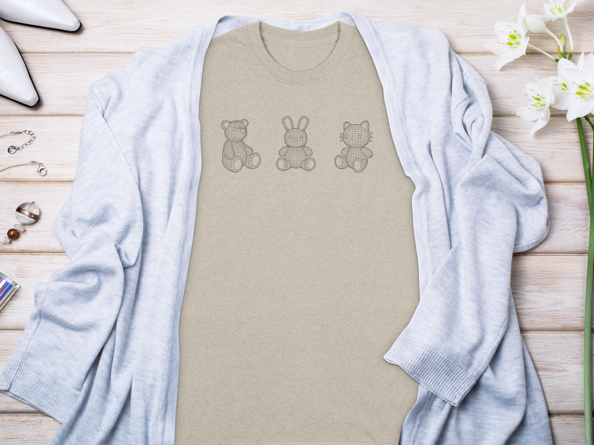 T-shirt with wireframe teddy bear, bunny, and cat graphic.
