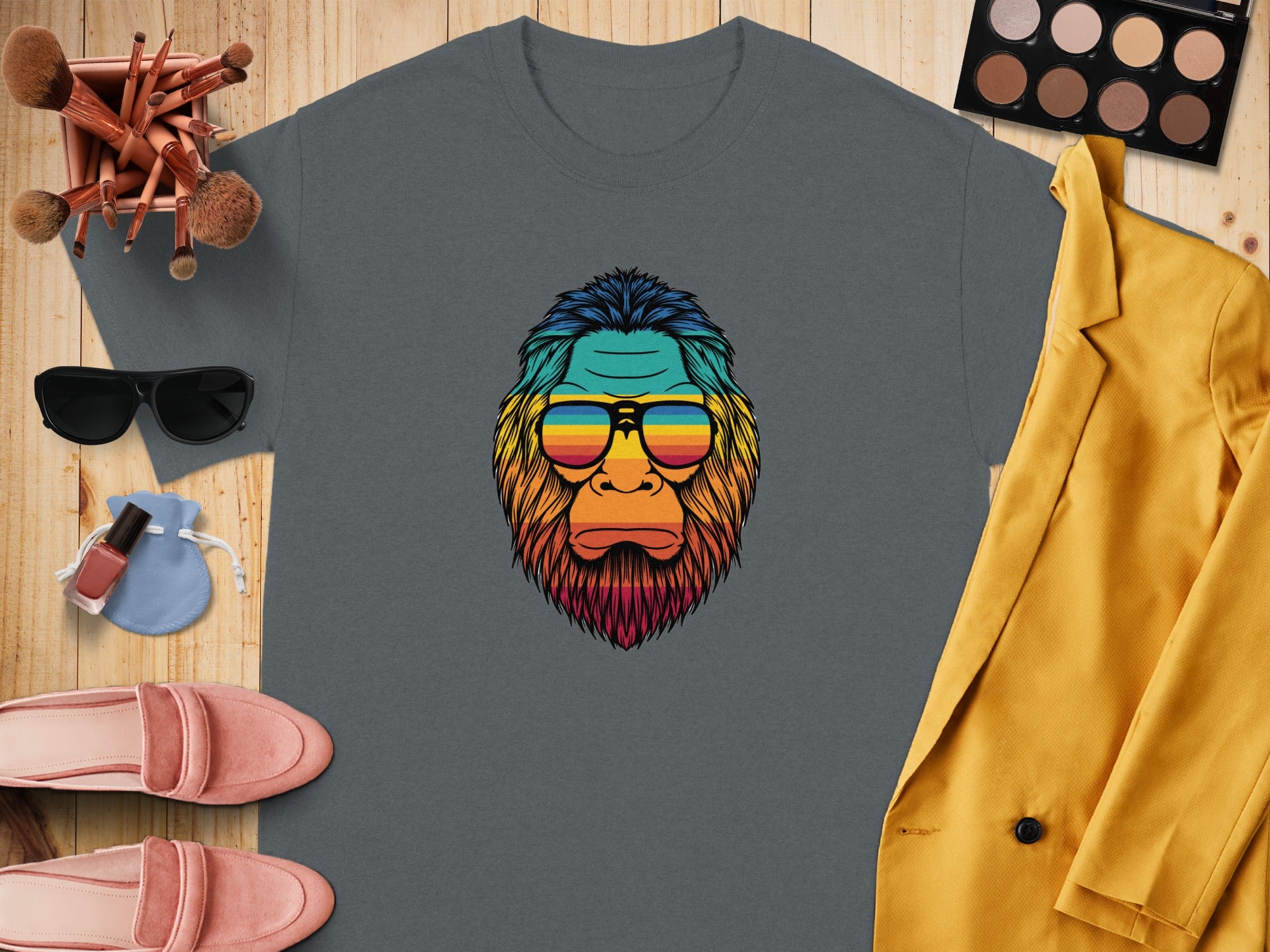 T-shirt with a colorful Bigfoot wearing rainbow sunglasses graphic.