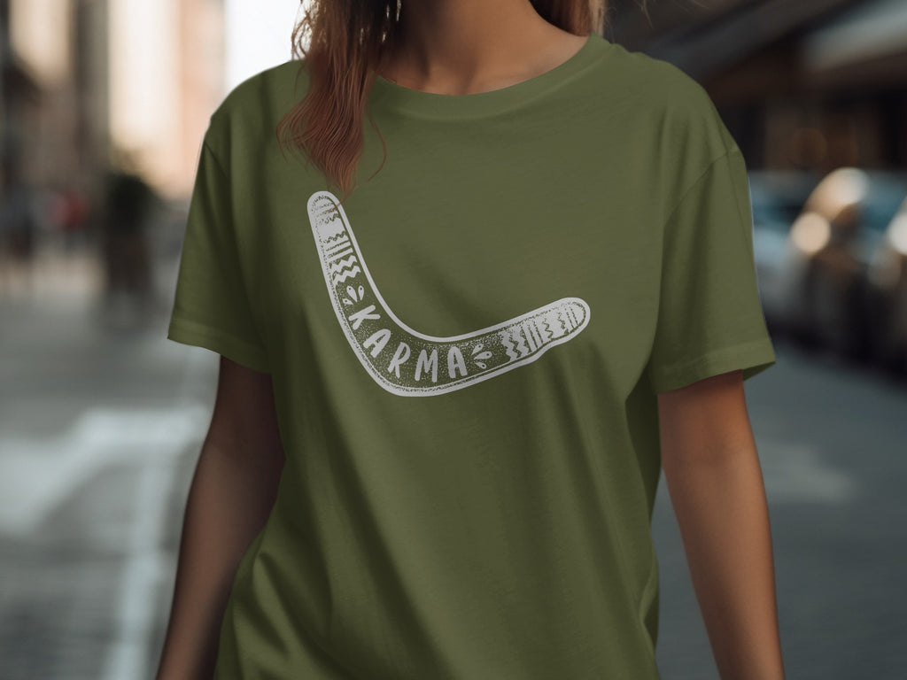 Olive green t-shirt with a white boomerang graphic that says "Karma".