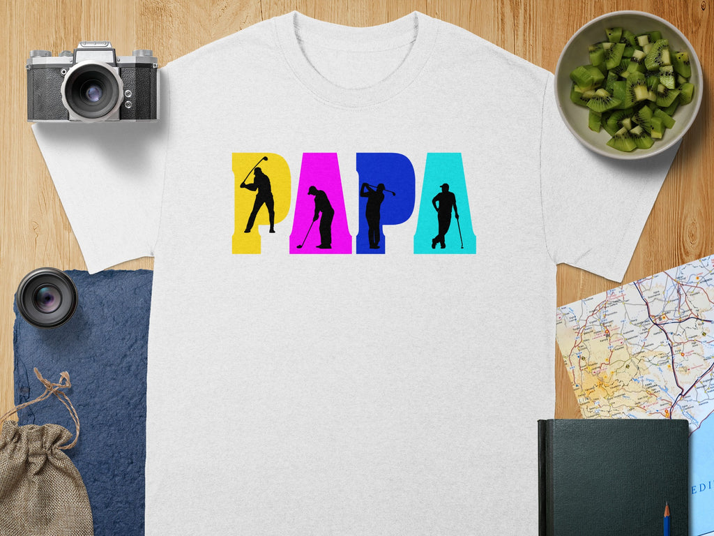White t-shirt with "PAPA" text featuring golfer silhouettes.