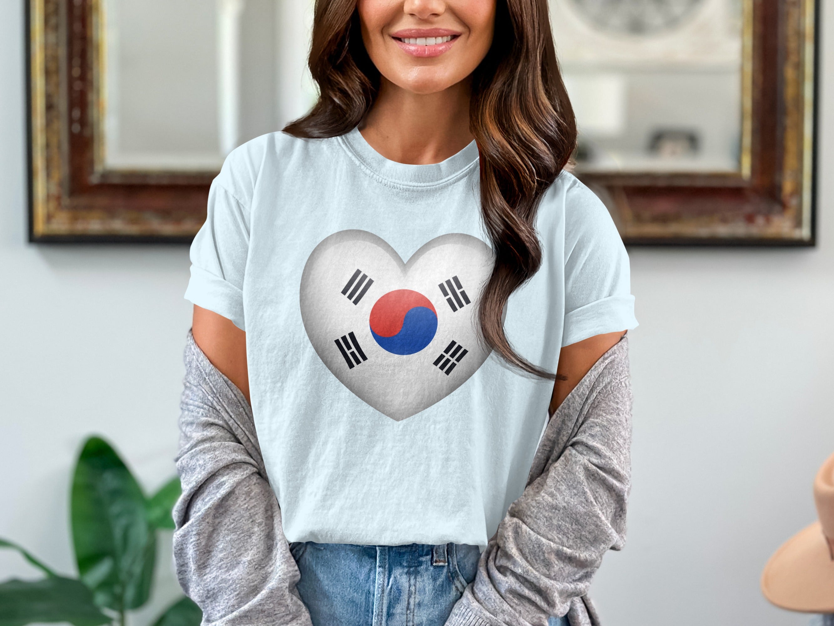 Light blue t-shirt with a heart-shaped South Korean flag design on the chest.