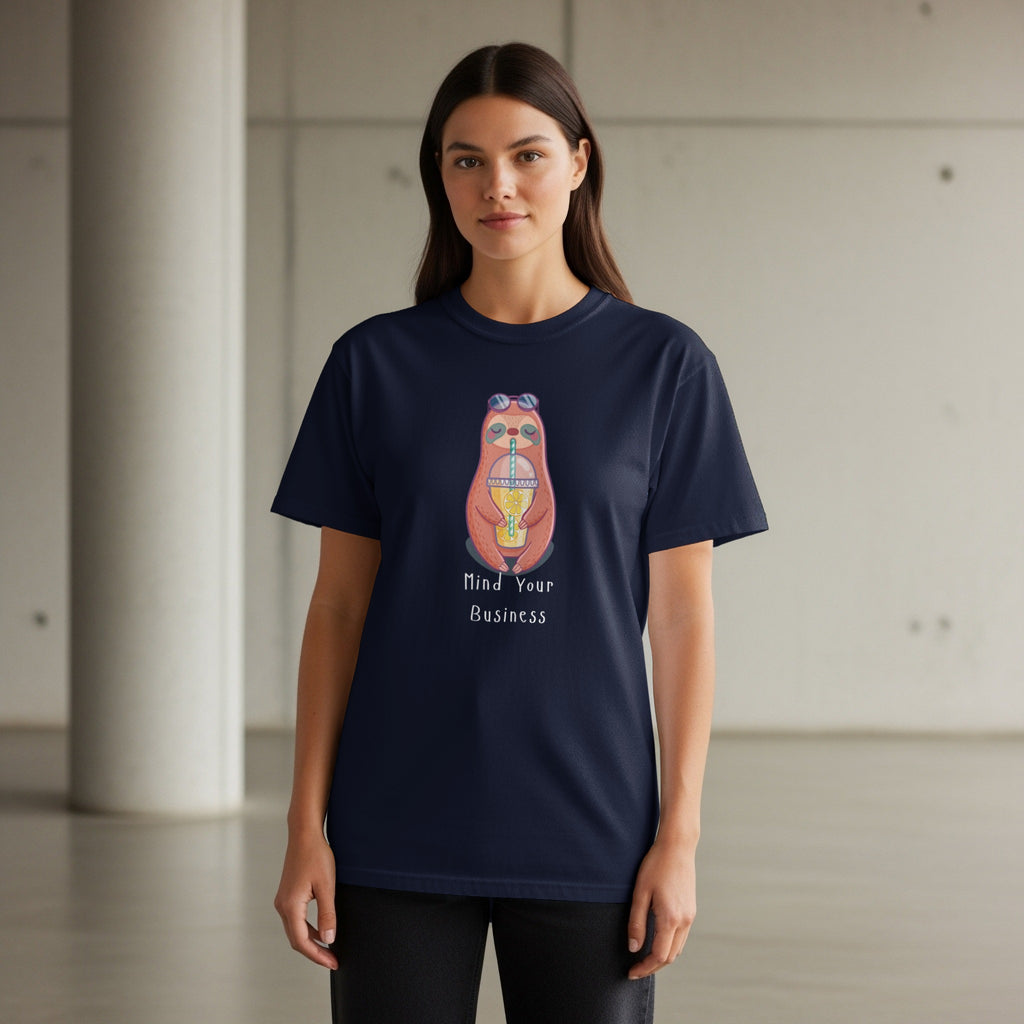 Dark blue t-shirt with sloth graphic and "Mind Your Business" text.