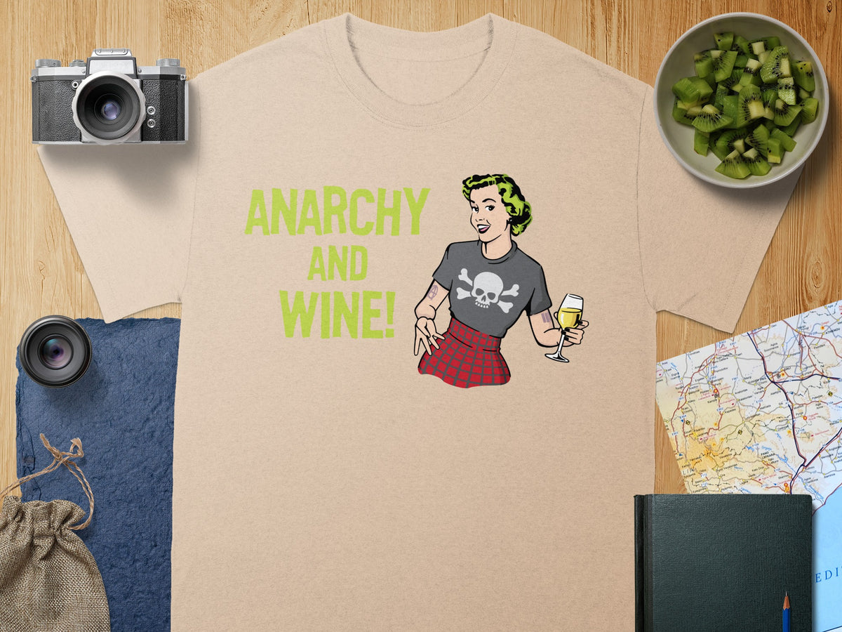 T-shirt with "Anarchy and Wine!" text and cartoon woman holding wine.