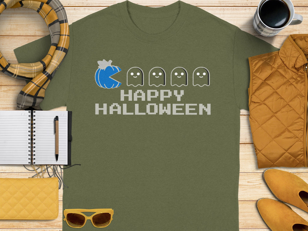 Green t-shirt with pumpkin and ghosts, "Happy Halloween" text.