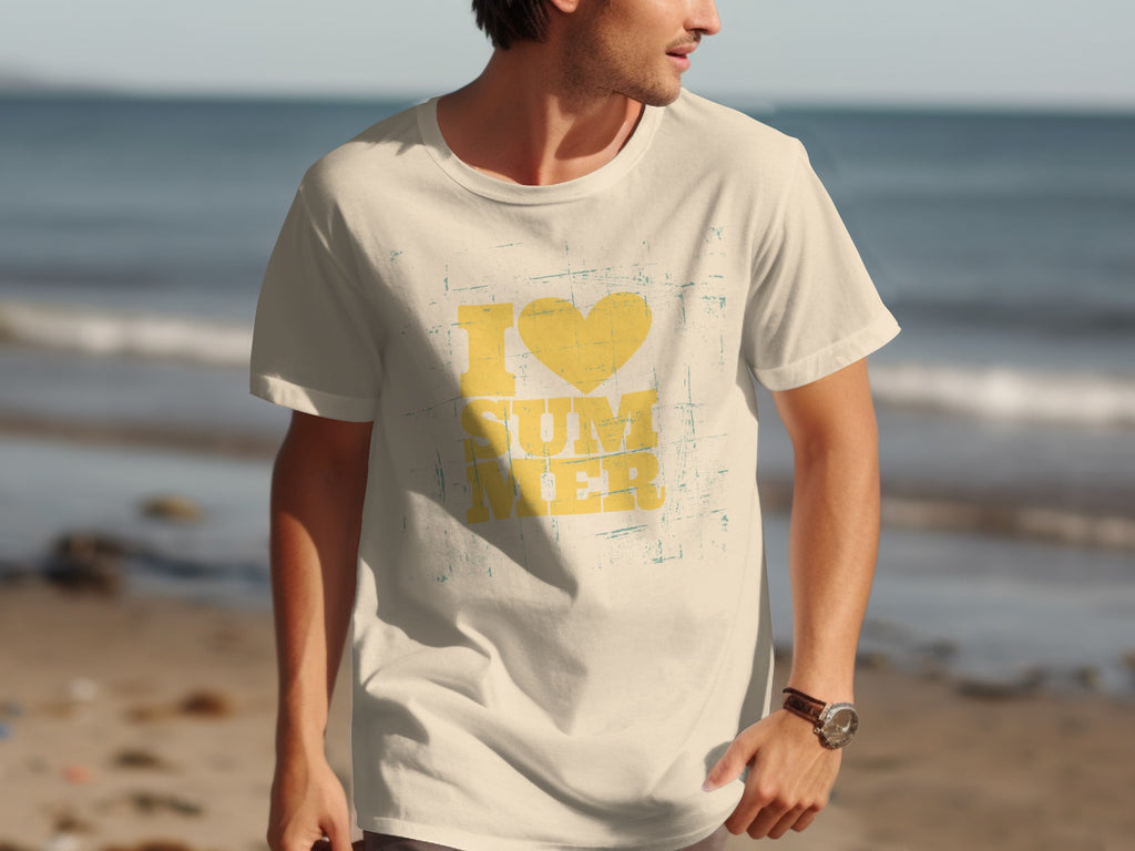 Cream t-shirt with yellow "I Love Summer" graphic on a beach background.