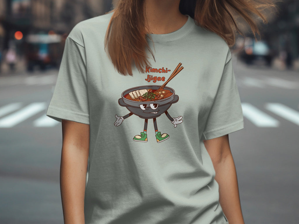 Kimchi Jjigae cartoon on a light grey t-shirt with chopsticks and ingredients.