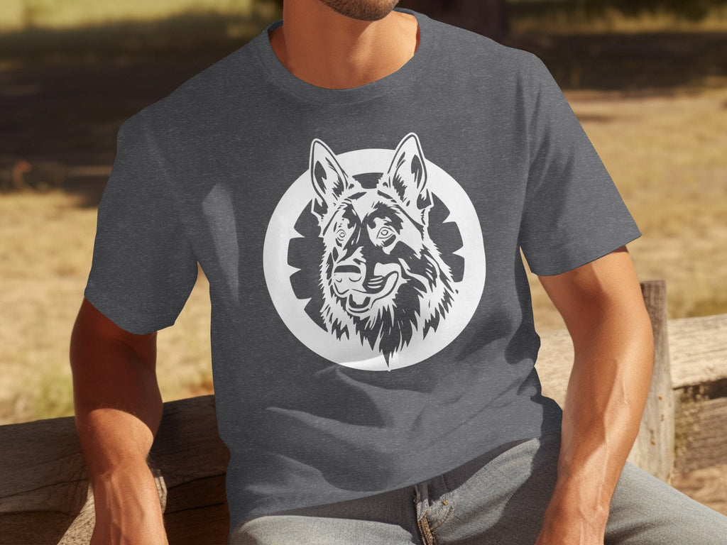 T-shirt with a white German Shepherd dog graphic in a circular design.
