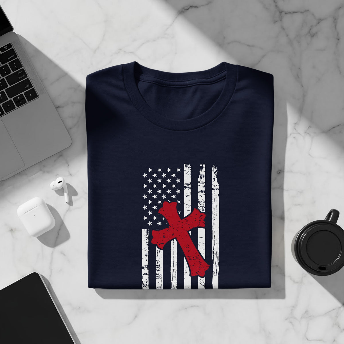 Navy t-shirt with distressed American flag and red cross design.