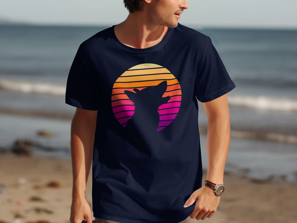 Dark navy t-shirt with a black dog silhouette against a retro sunset backdrop.