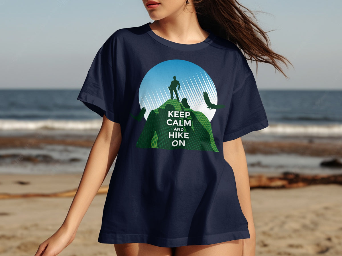 Navy t-shirt with "Keep Calm and Hike On" text and mountain hiking graphic.