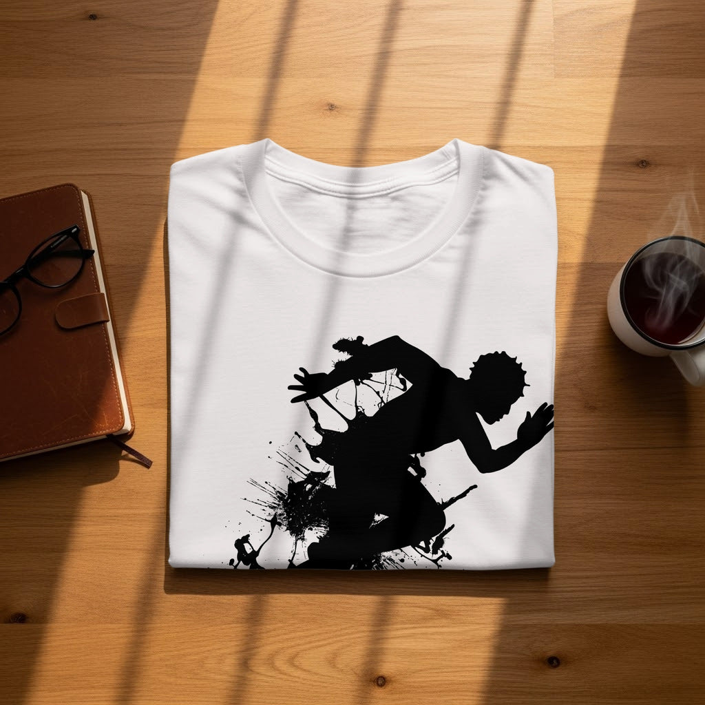 White t-shirt with black silhouette of a runner and ink splatters.