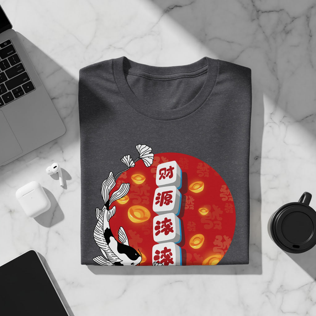 Dark grey t-shirt with a design of koi, coins, and Chinese characters.