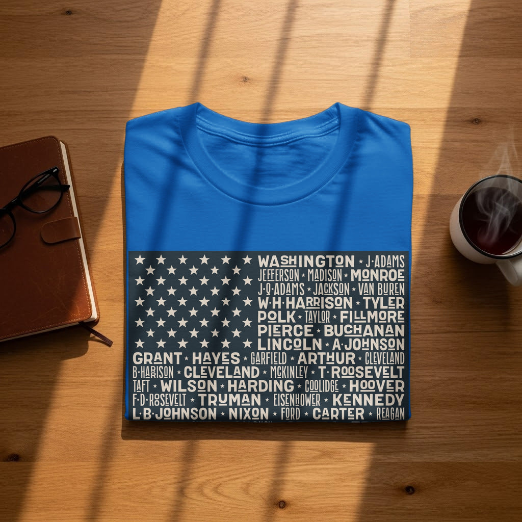 Blue t-shirt with US Presidents' names listed against a star-spangled banner design.
