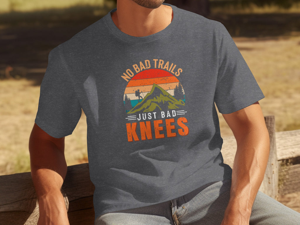Dark grey t-shirt with vintage graphic: "No Bad Trails Just Bad Knees".