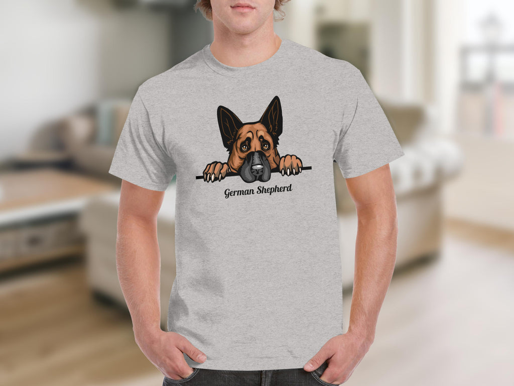 Grey t-shirt with a German Shepherd design and text.