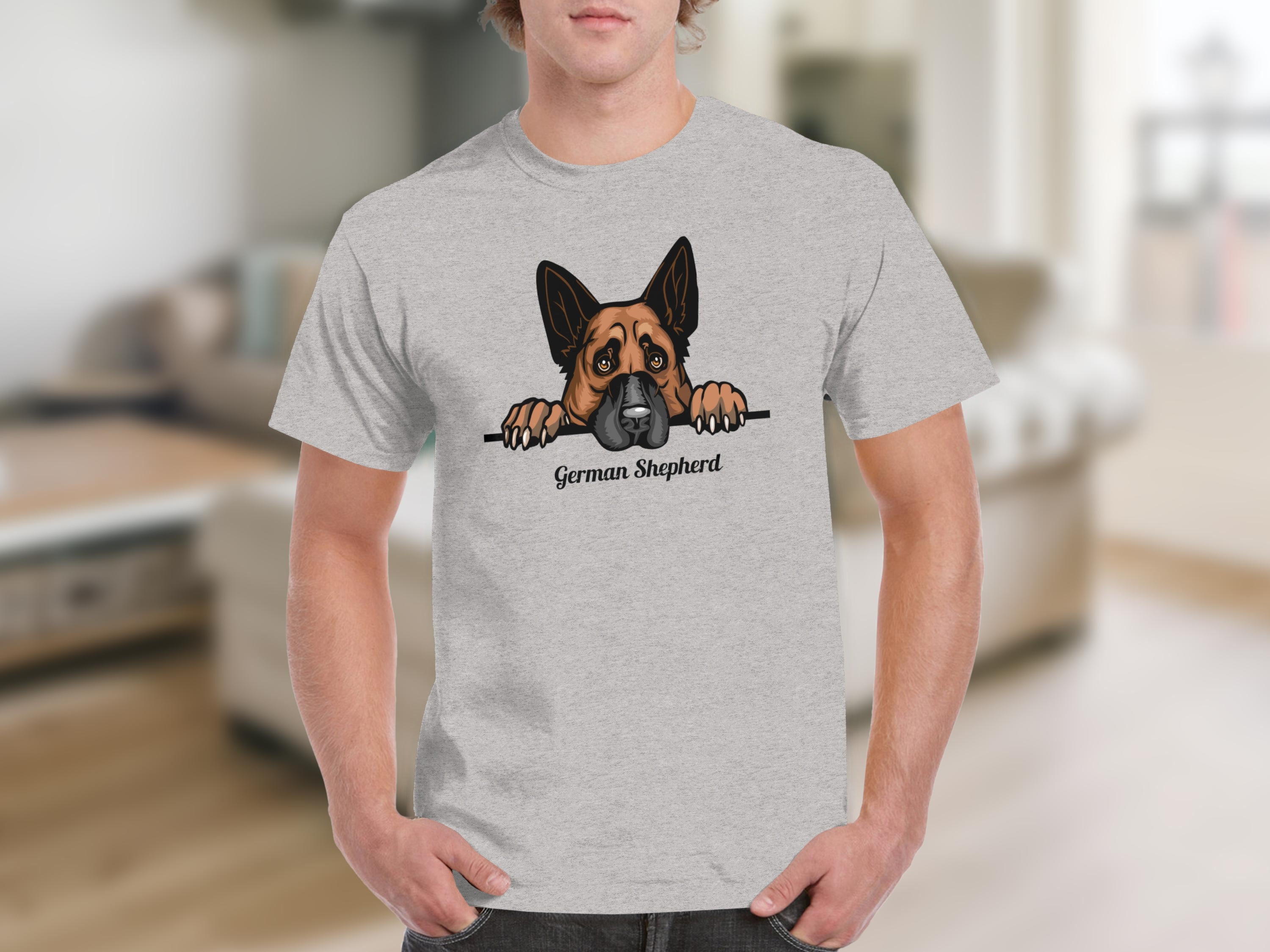 Grey t-shirt with a German Shepherd design and text.
