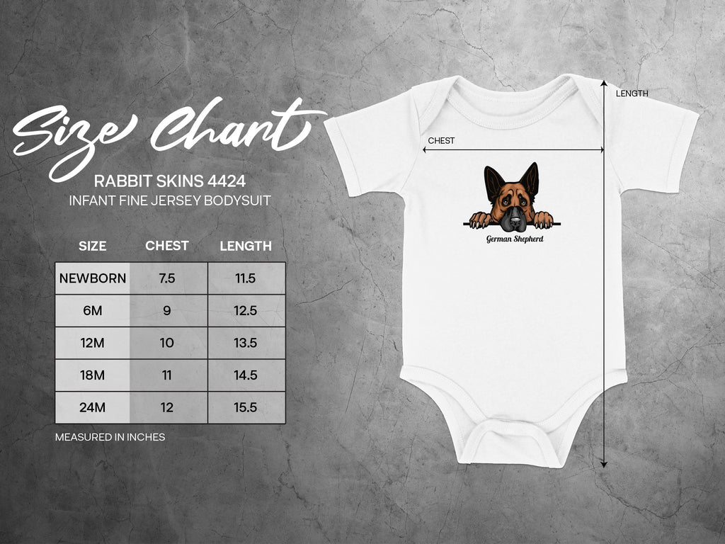 Rabbit Skins 4424 infant bodysuit size chart with German Shepherd graphic.