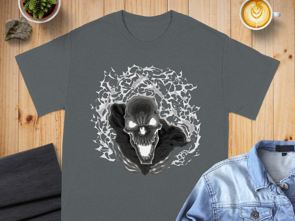 Dark grey t-shirt with a monochrome skull graphic surrounded by wispy, abstract elements.