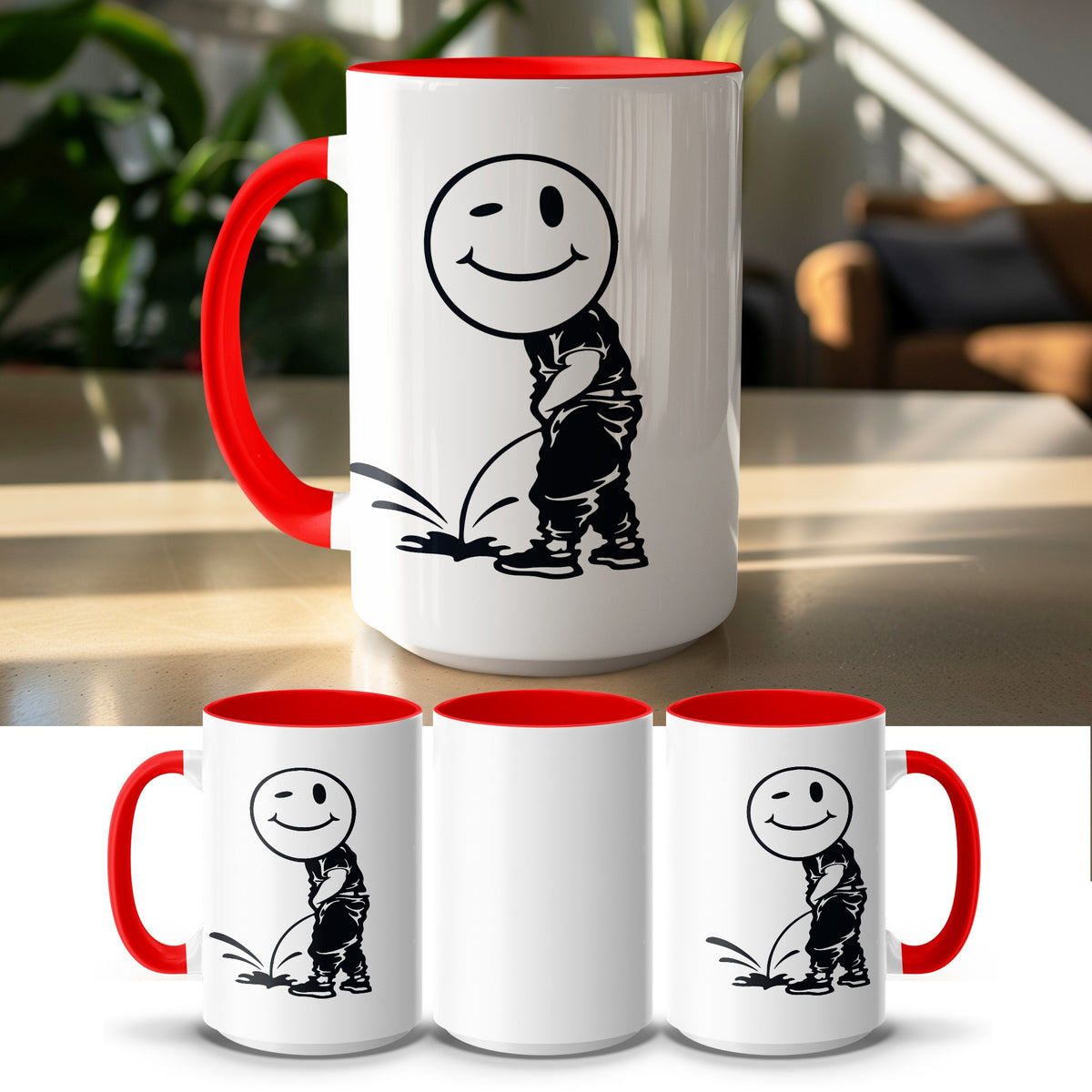 White mug with red handle and rim featuring a black silhouette of a figure with a winking smiley face.