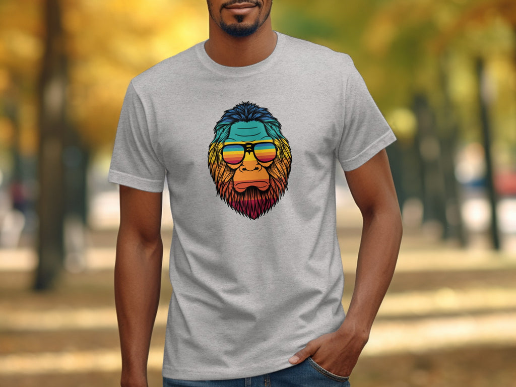 Bigfoot head graphic with rainbow stripes on a grey t-shirt.