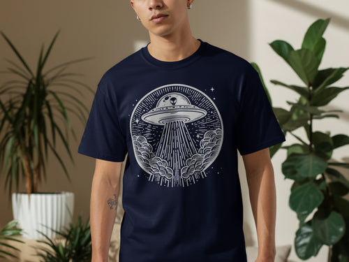 Navy t-shirt with white circular graphic of a UFO beaming light down onto clouds.