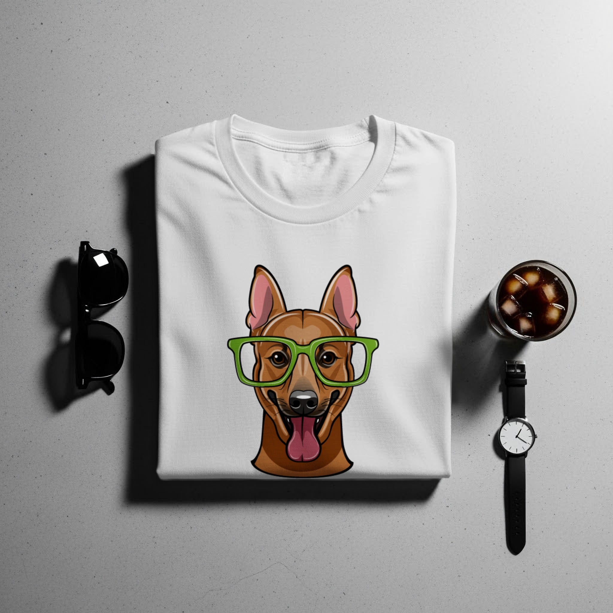 White t-shirt with a cartoon dog wearing green glasses graphic.