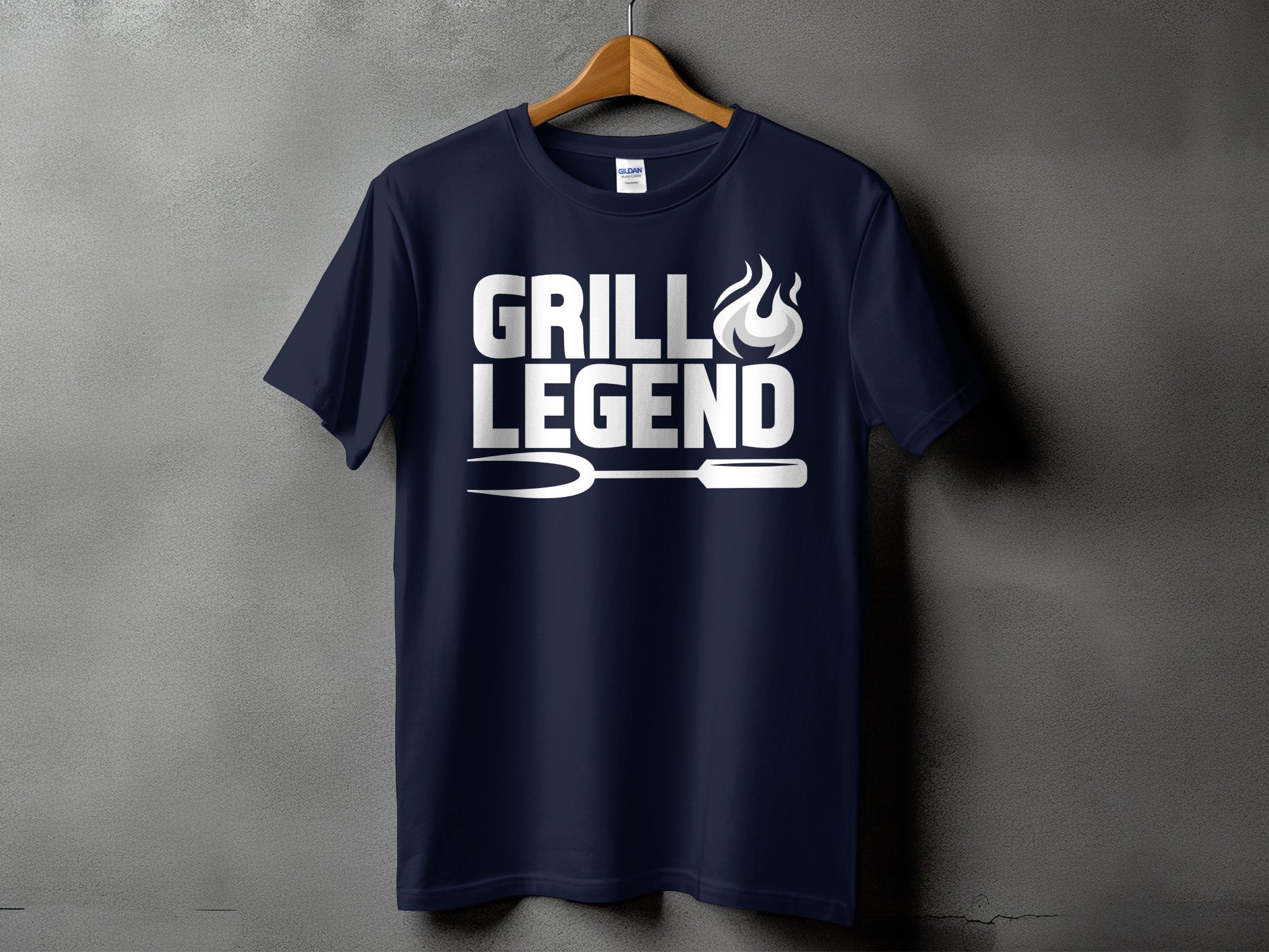 Navy t-shirt with white "GRILL LEGEND" text and grilling tools graphic.