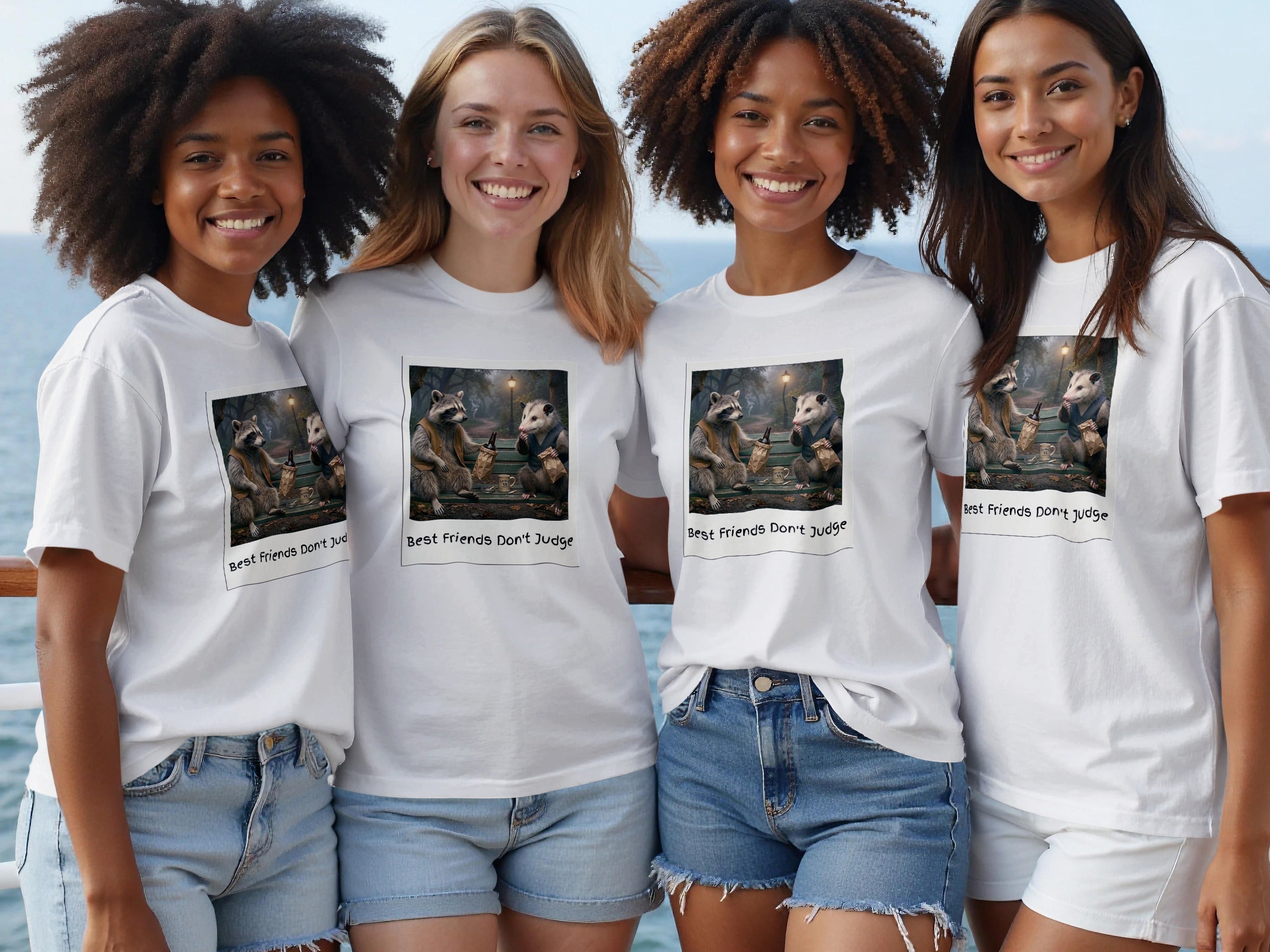 Four women pose in white t-shirts featuring a graphic of a raccoon and opossum.