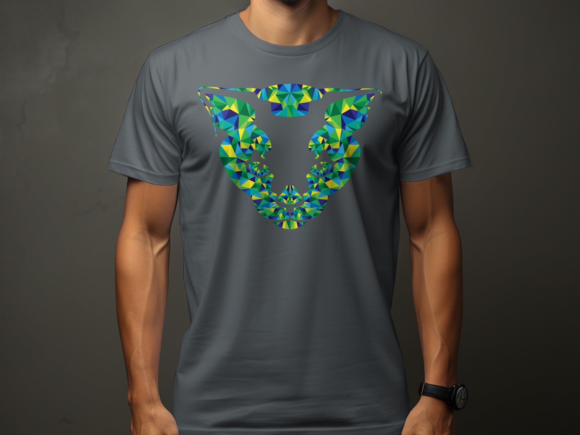 Gray t-shirt with a geometric bull skull graphic in green, blue, and yellow.