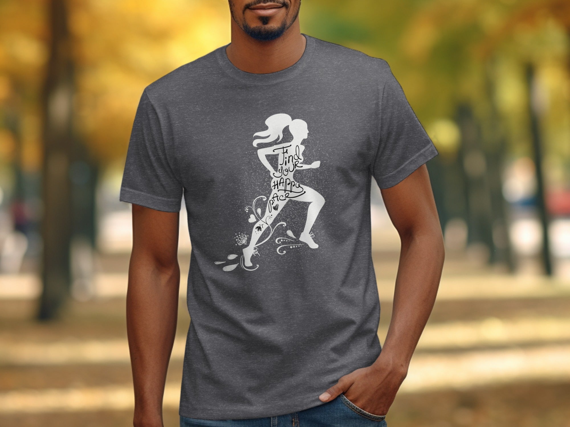 Dark gray t-shirt with white silhouette of a runner and text "Find your happy pace".