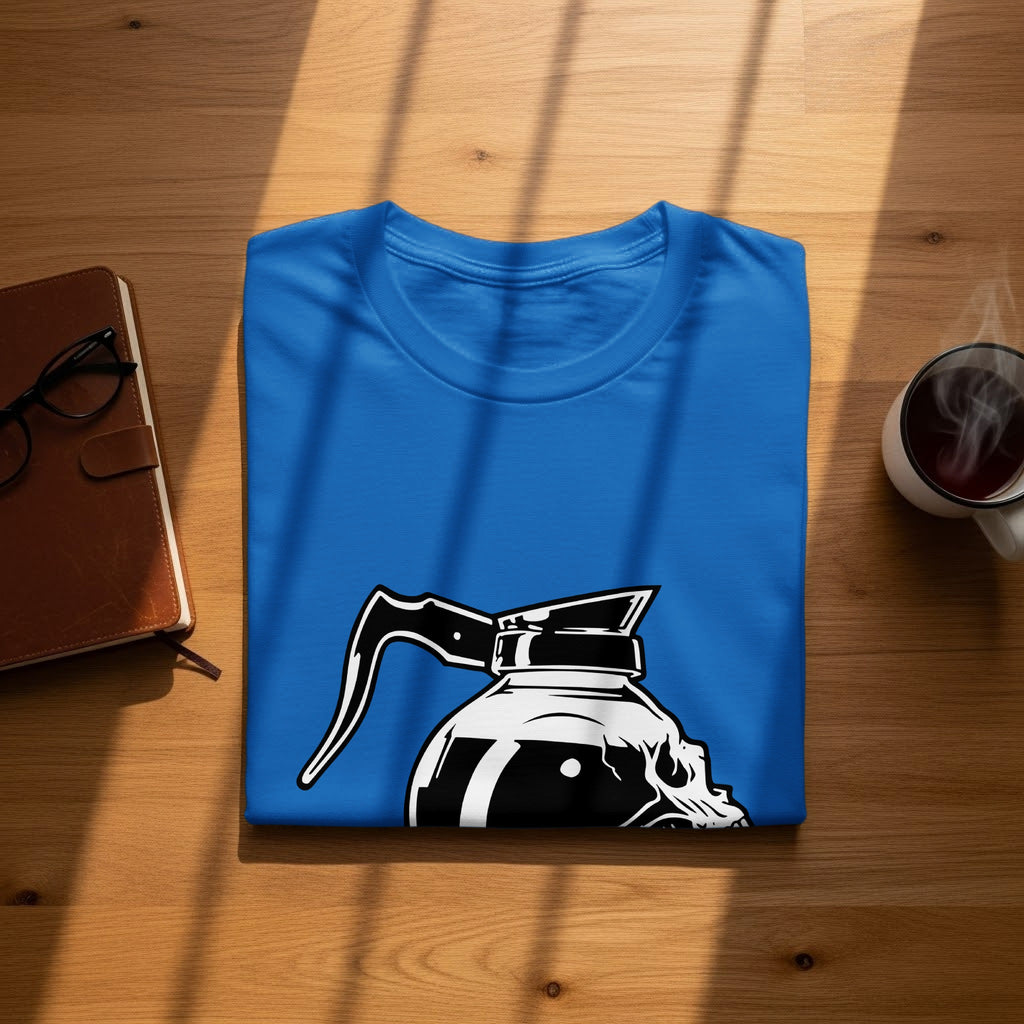 Blue t-shirt with a black and white skull coffee pot graphic.