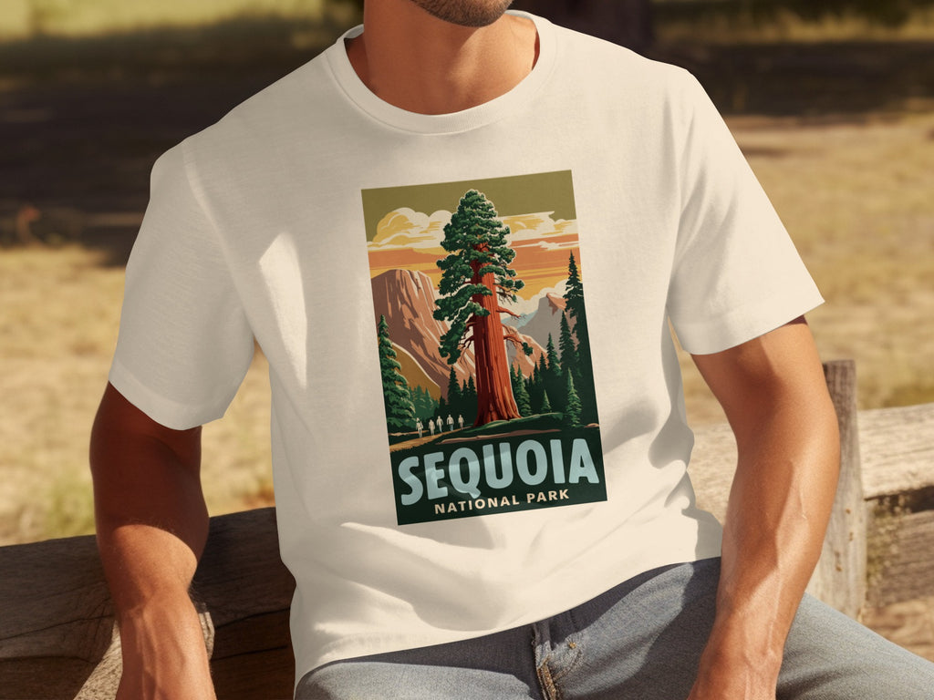 Sequoia National Park vintage travel poster on a cream t-shirt.