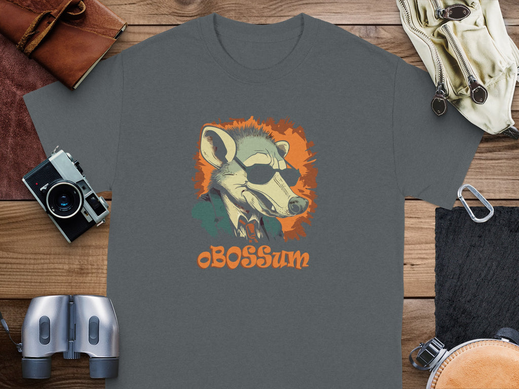 Dark gray t-shirt with graphic of opossum wearing sunglasses and text OBOSSum