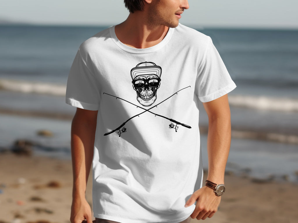 White t-shirt with a black graphic of a skull wearing a baseball cap and sunglasses over crossed fishing rods.