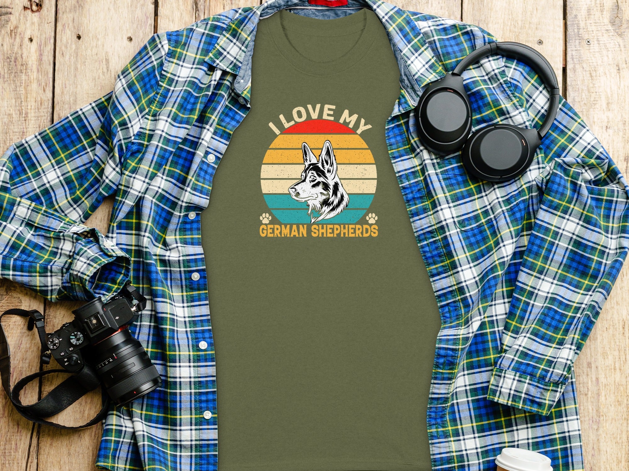 Olive green t-shirt with German Shepherd graphic and text "I LOVE MY GERMAN SHEPHERDS".