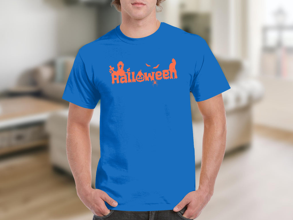 Blue t-shirt with orange Halloween graphic featuring pumpkins, bats, and ghosts.