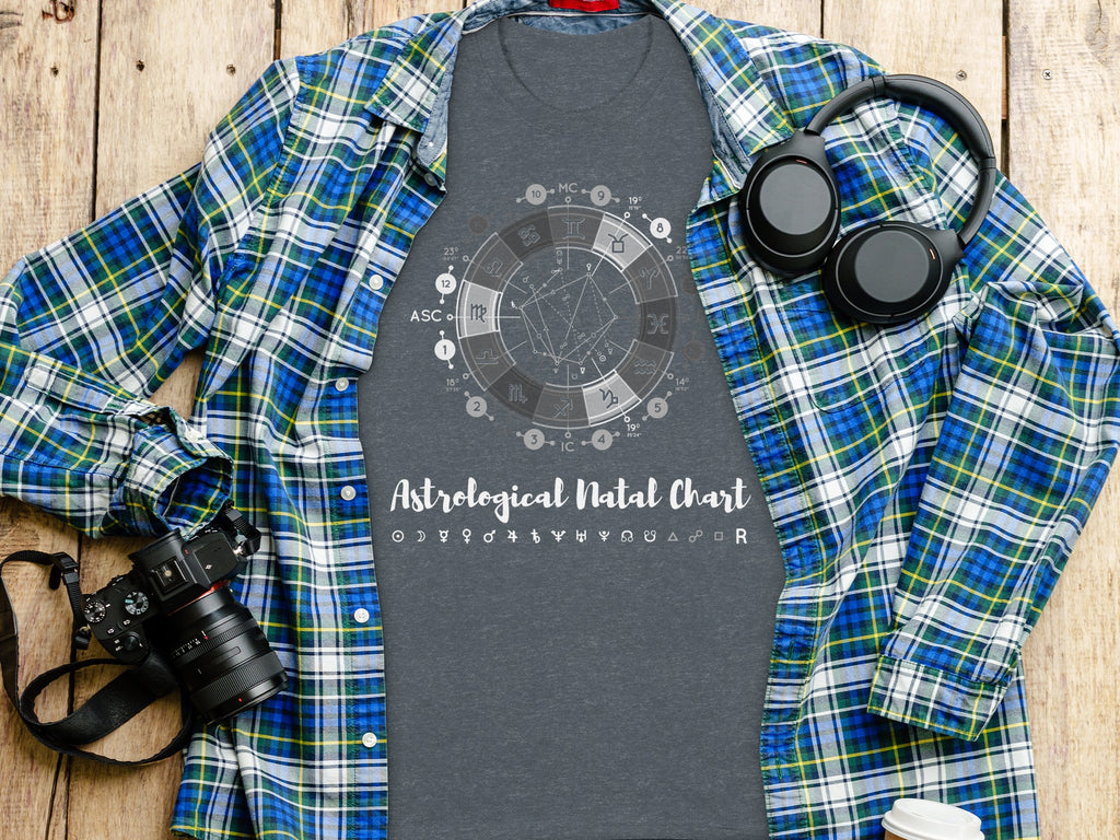 Gray t-shirt with astrological natal chart design and astrological symbols.