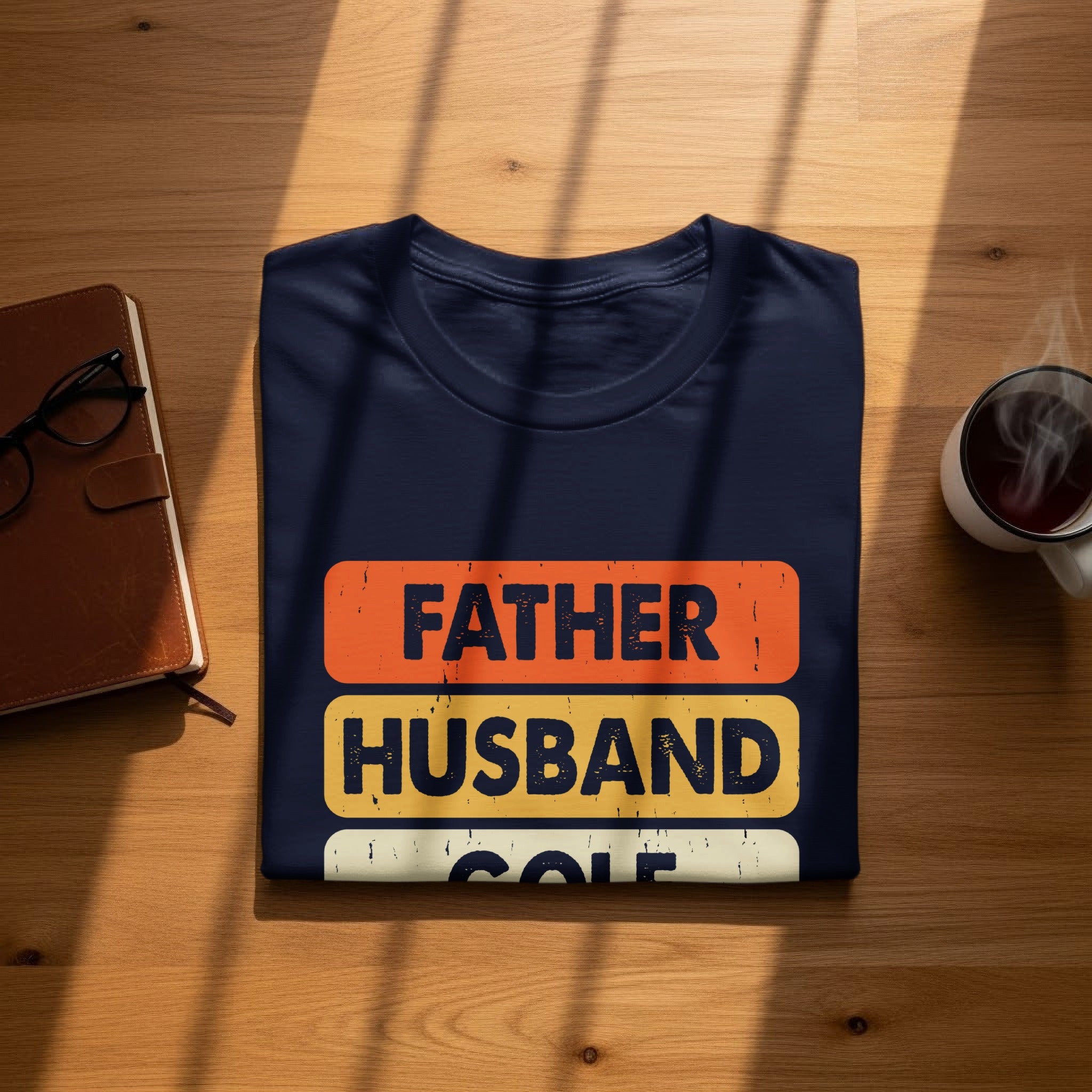 Dark blue t-shirt with text "Father Husband Golf" laid on wood surface.