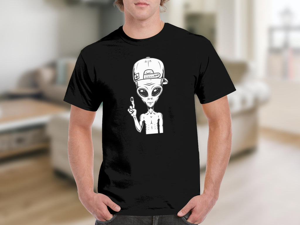 Black t-shirt with white graphic of an alien wearing a baseball cap.