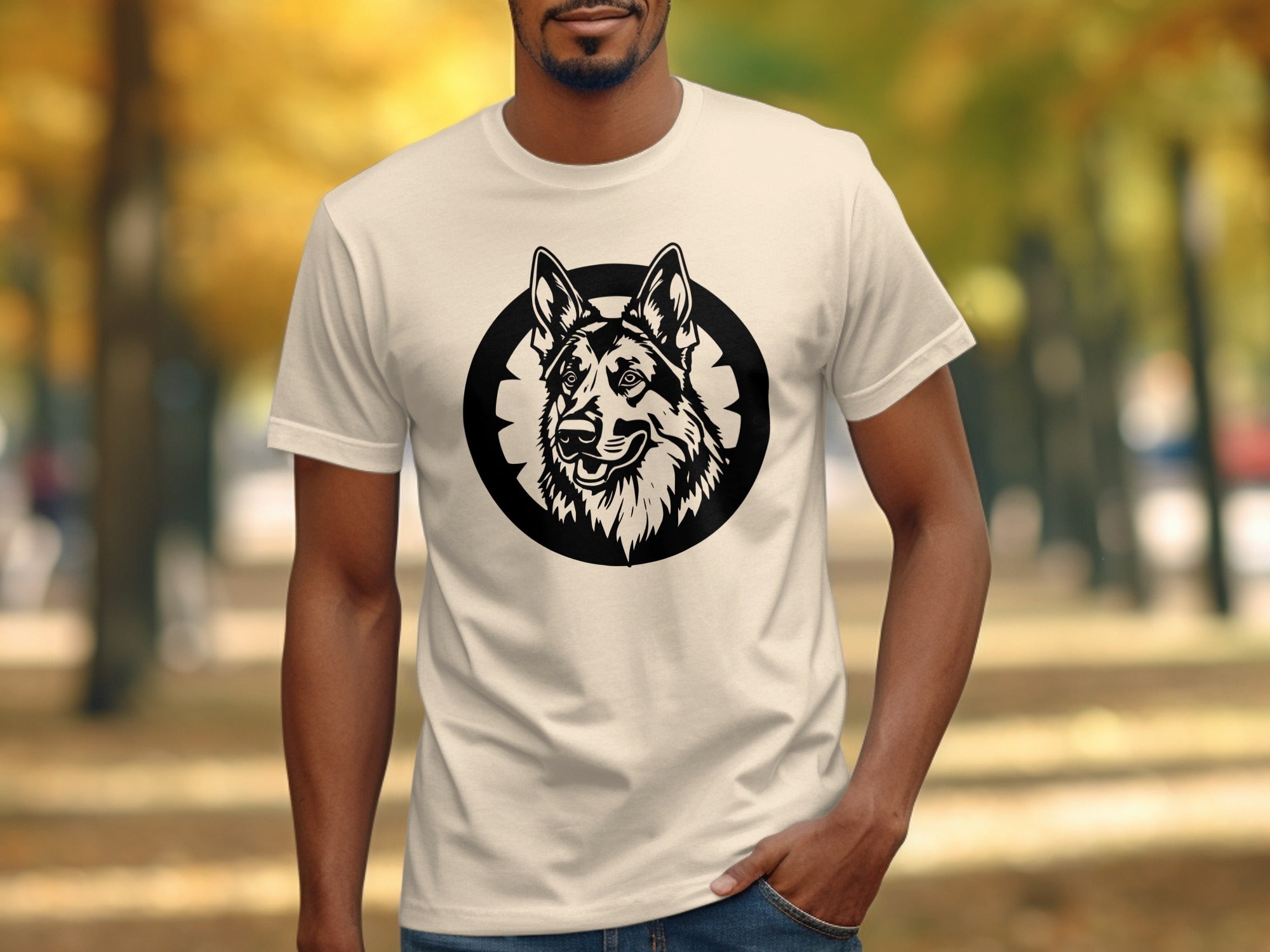 Cream t-shirt with a black German Shepherd head graphic within a circular outline.