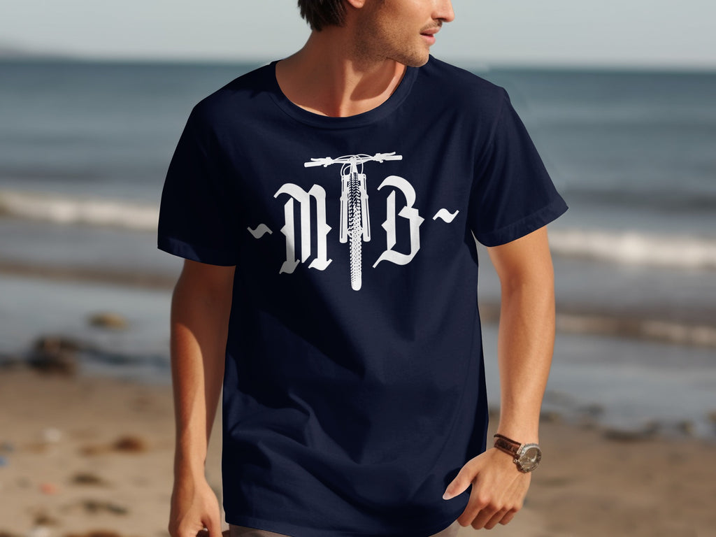 Navy t-shirt with white MTB graphic and bicycle front fork design.