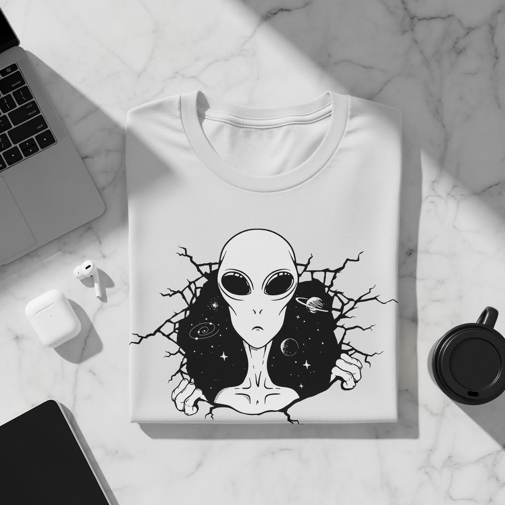 White t-shirt with a black graphic of an alien breaking through a cracked space background.