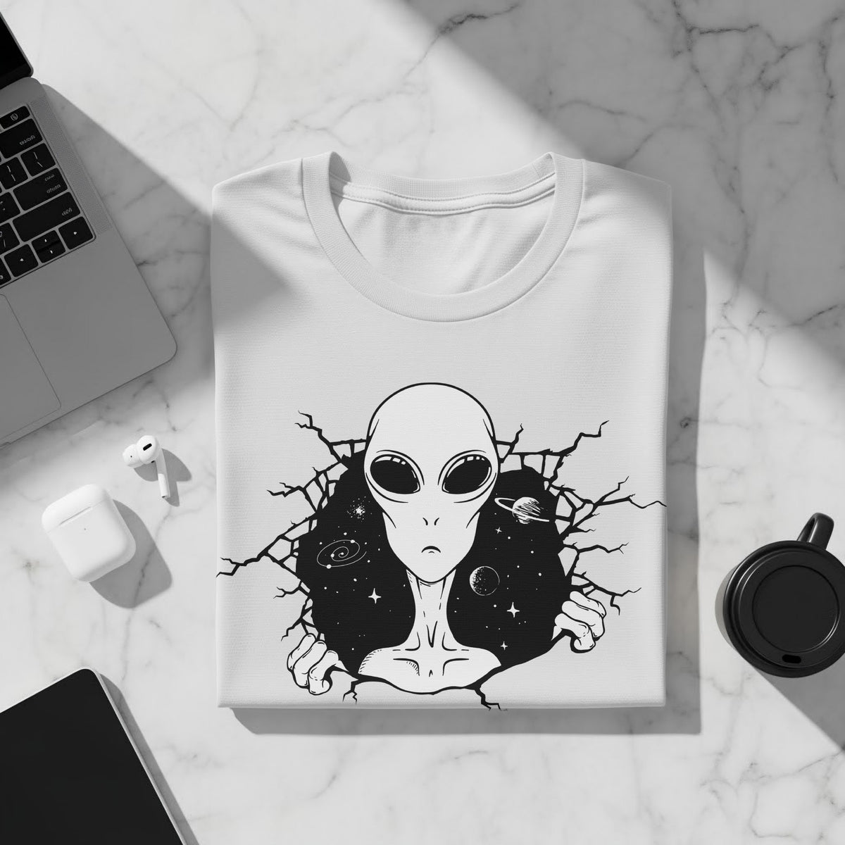White t-shirt with a black graphic of an alien breaking through a cracked space background.