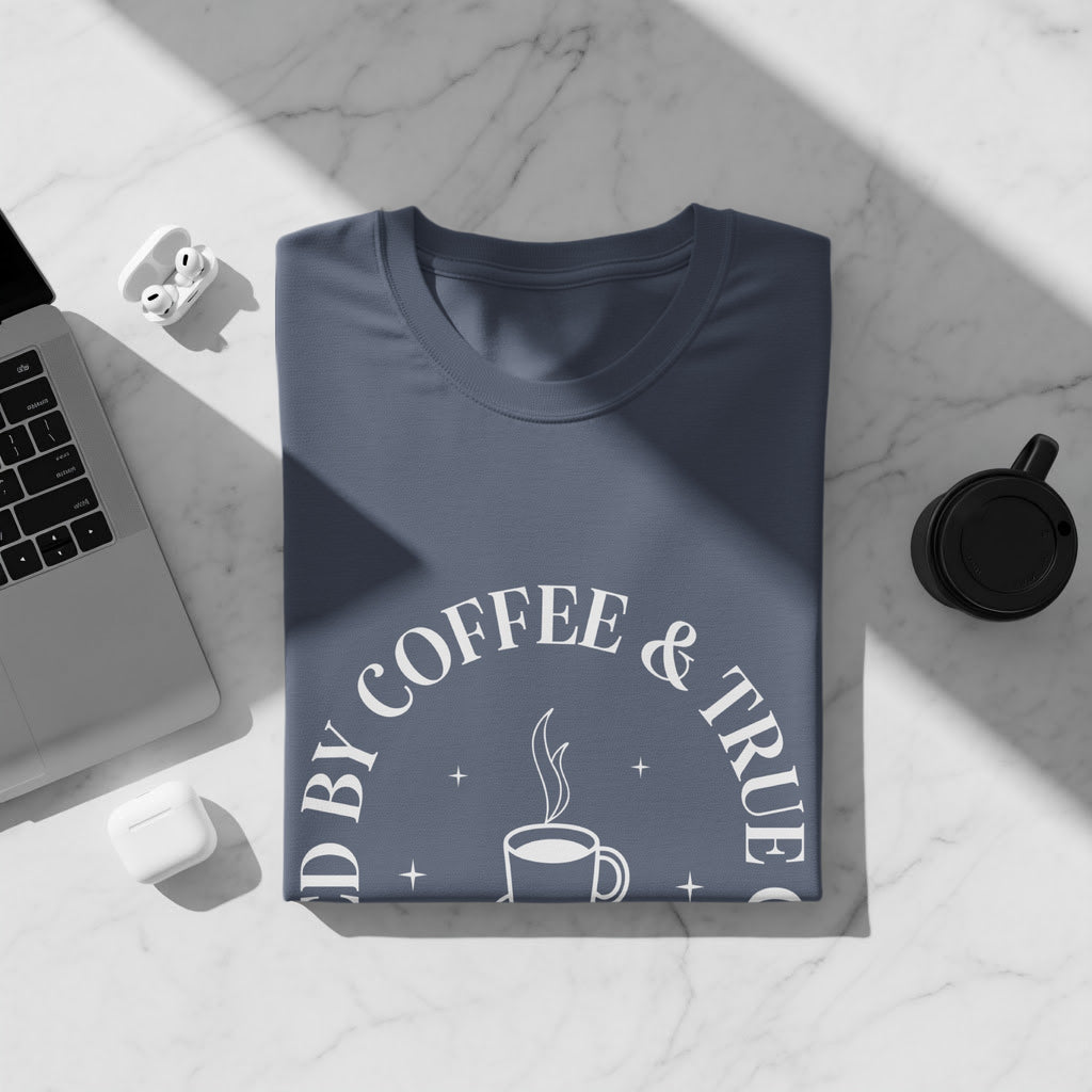 Blue t-shirt with "Fueled by Coffee & True" text and a coffee cup graphic.