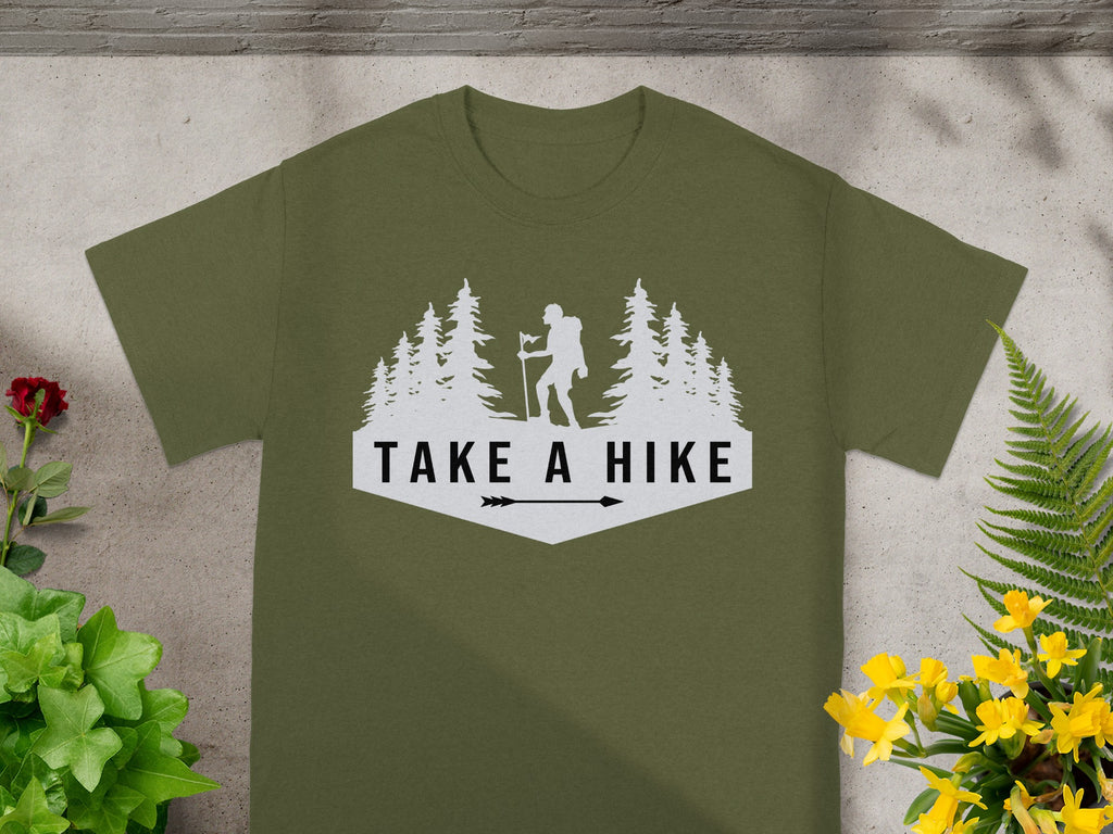 Olive green t-shirt with "TAKE A HIKE" text and a hiker silhouette.