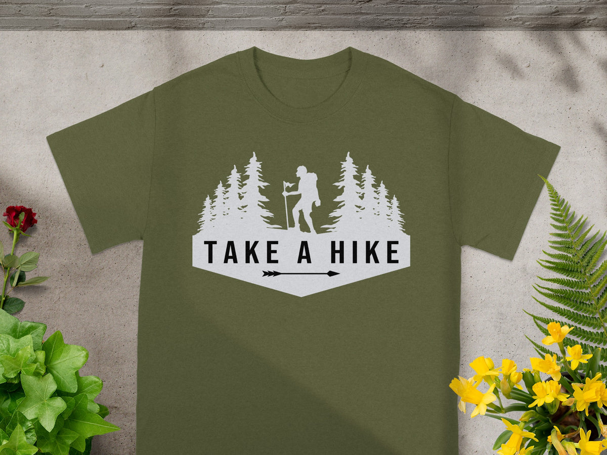 Olive green t-shirt with "TAKE A HIKE" text and a hiker silhouette.