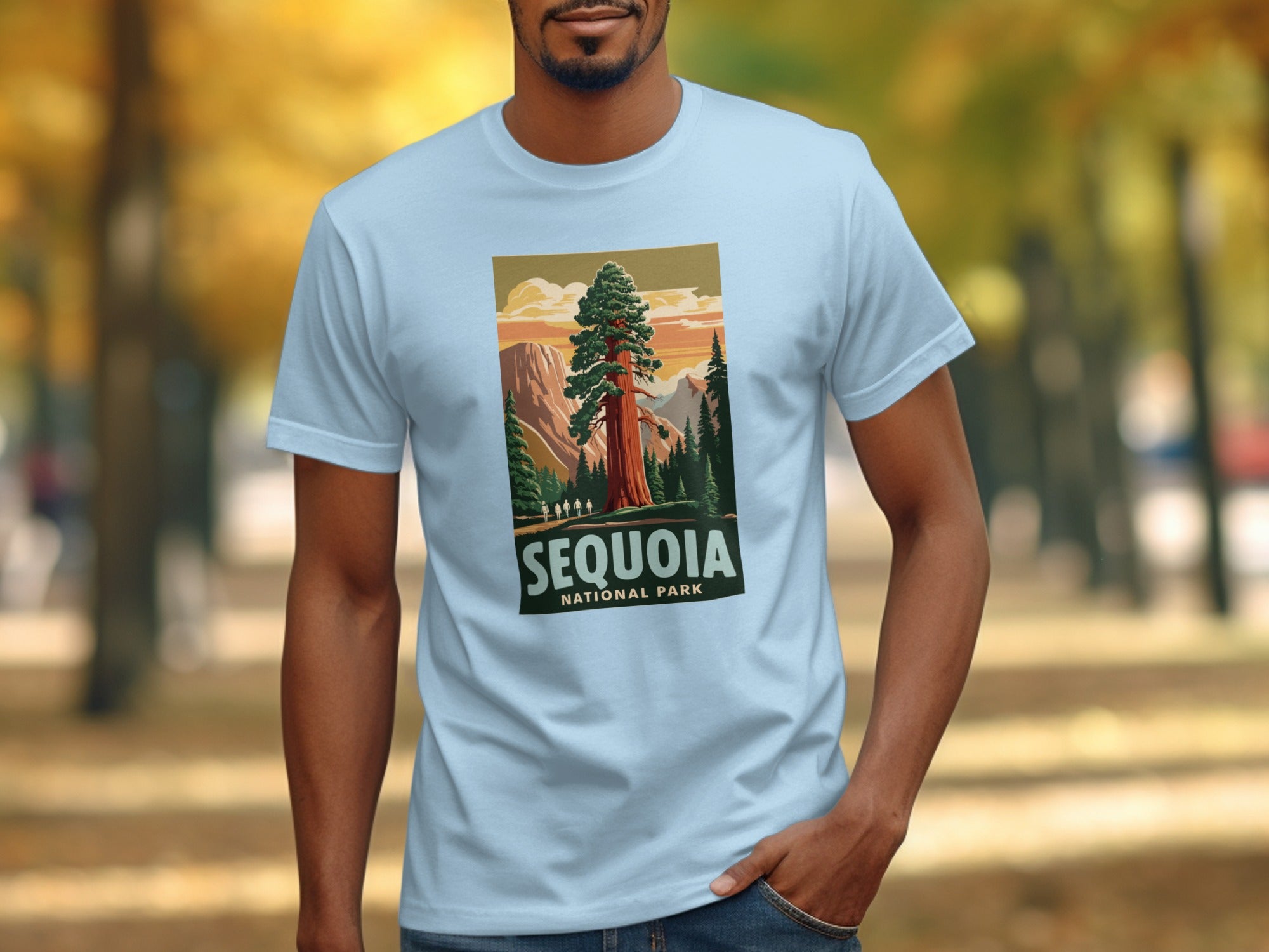 Sequoia National Park graphic with a giant sequoia tree and mountains.