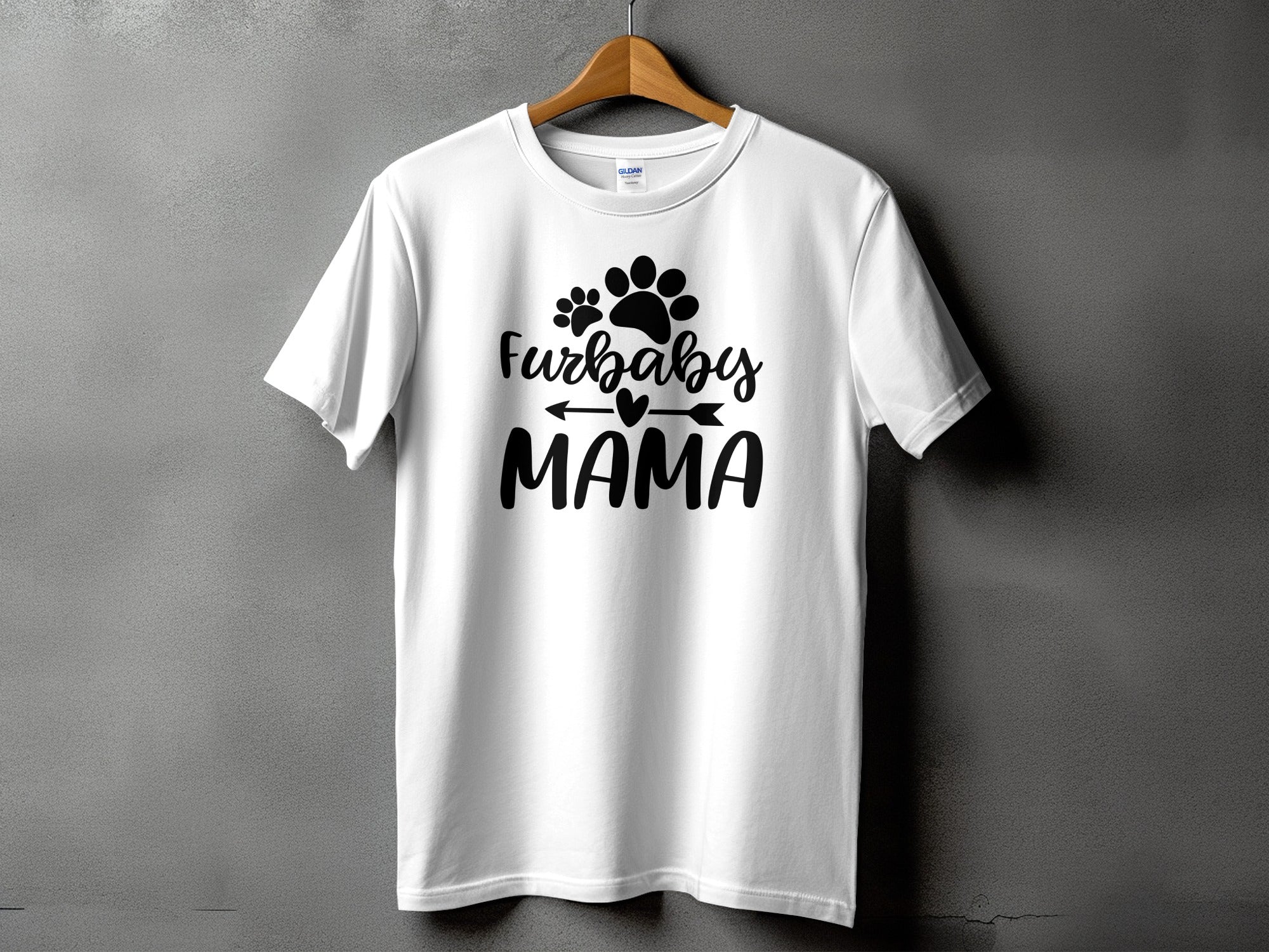 White t-shirt with black text and paw prints that says "Furbaby MAMA".